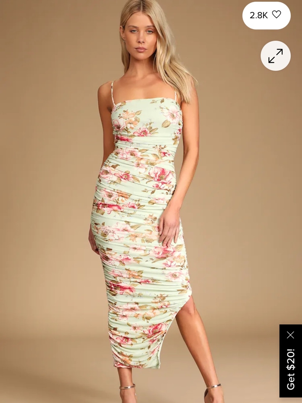 Lulu's Mint Floral Ruched Midi Dress